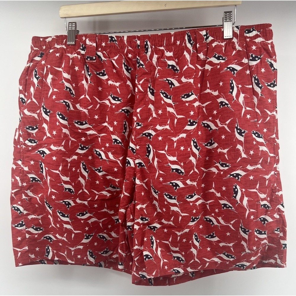 Columbia PFG Backcast II Shorts XXL Patriotic Fish Flags Swim Trunks Fishing